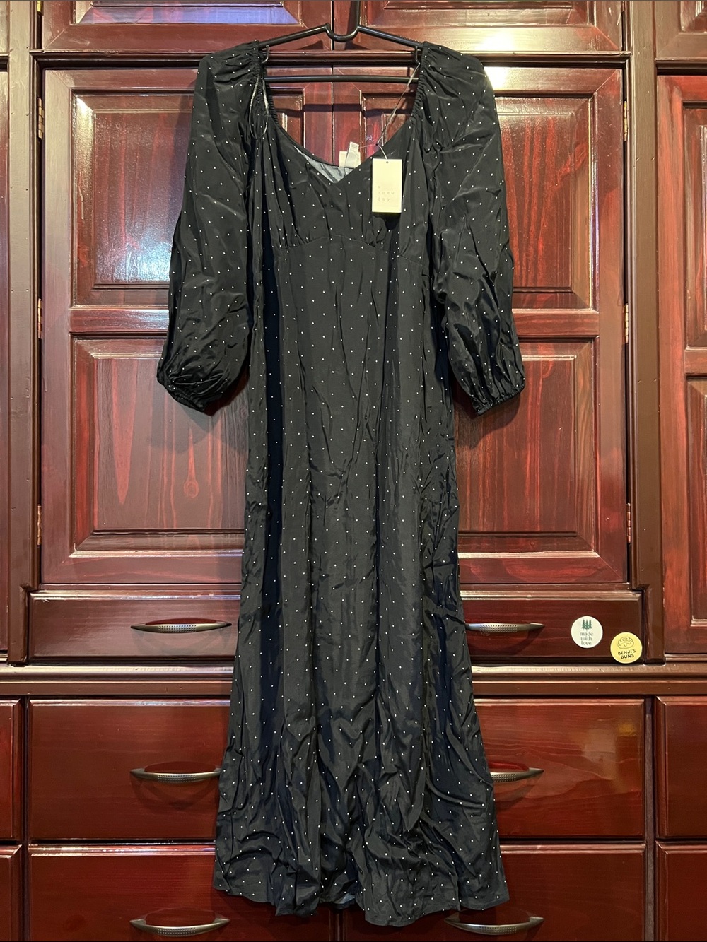 a new day Black Polka Dot Maxi Dress with Long Sleeves and Pockets
